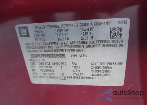 2016 Chevrolet Equinox Lt z USA, uszkodzony, nr VIN 2GNFLFEK6G6315330